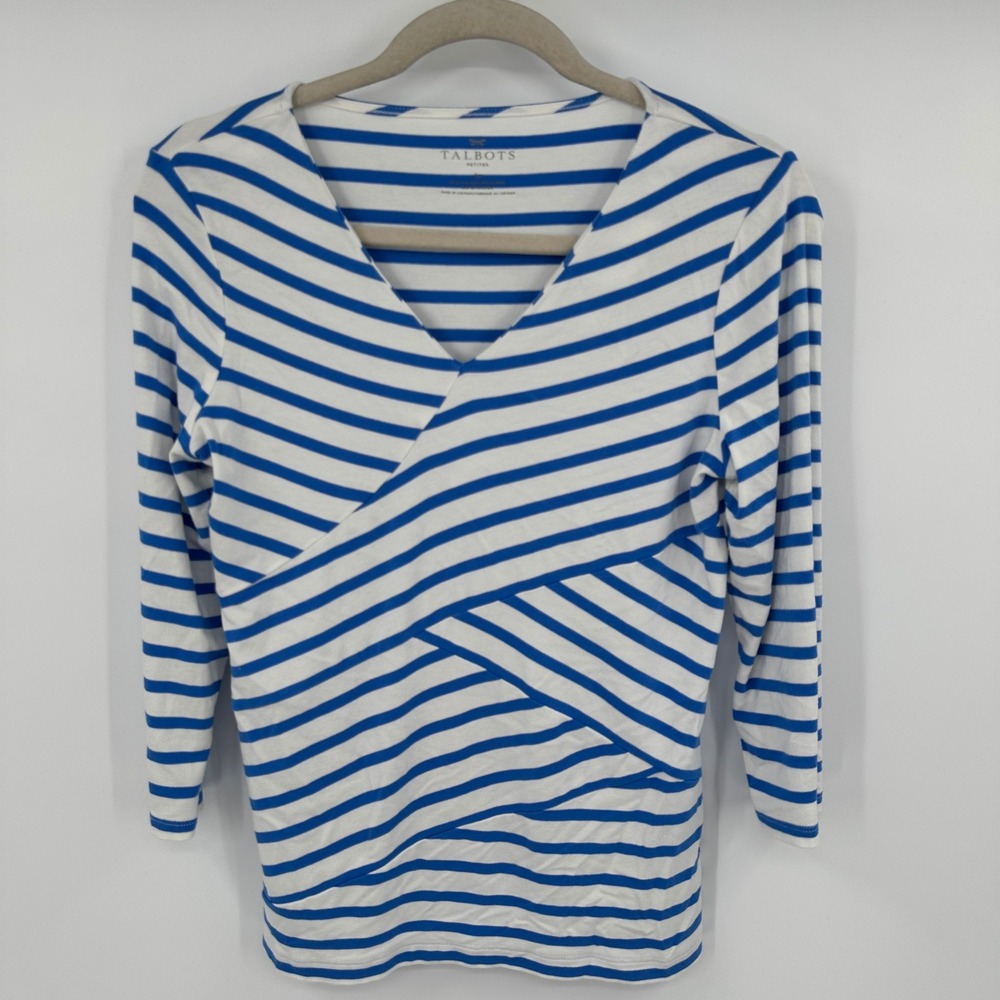 Talbots Petites Blue White Striped V-Neck 3/4 Sleeve Wrap Front Top Small French